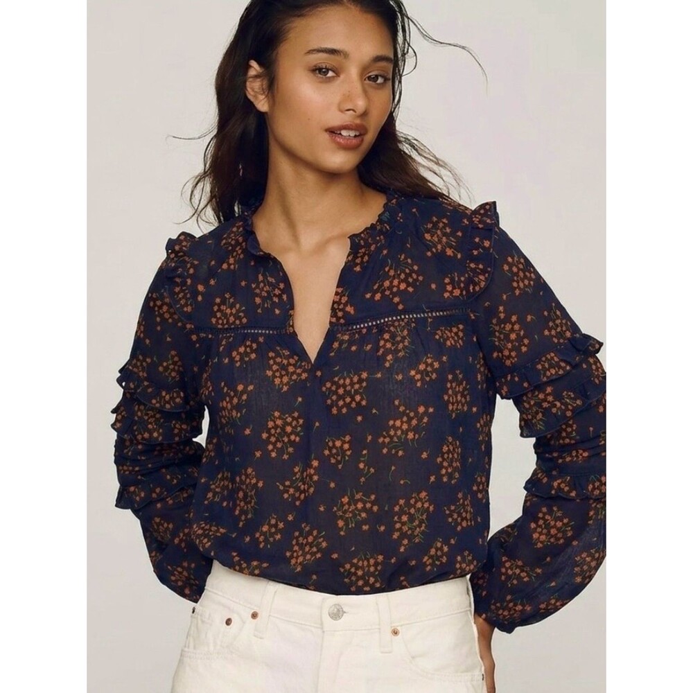 Ann Taylor Ditsy Floral Peasant Blouse Petite XXS Sheer Ruffle Drawstring Neck